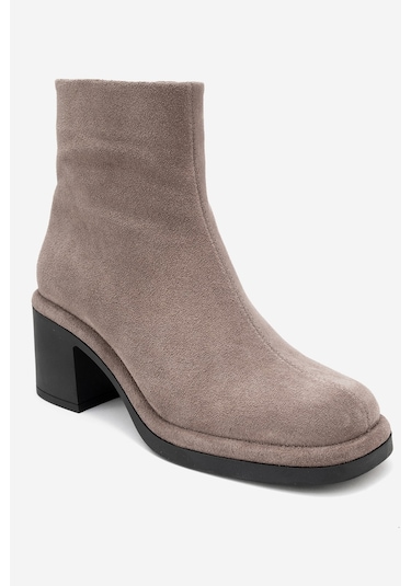 Junae Vizon Süet Hakiki Deri Kadın Kalın Topuklu Bot Vizon