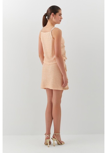 Askılı Payetli Etek Takım Kavun İçi Açık Turuncu