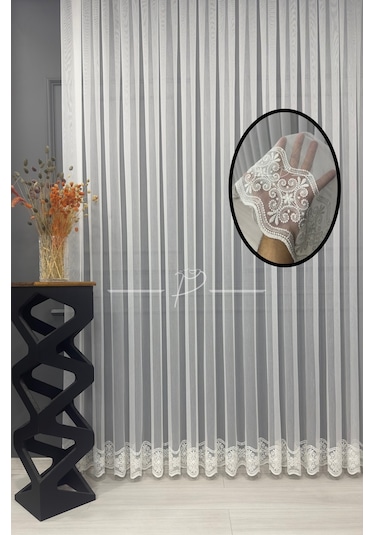 Tül Perde Etek İşleme Su Yolu Yonca Desen 127566 Ekru