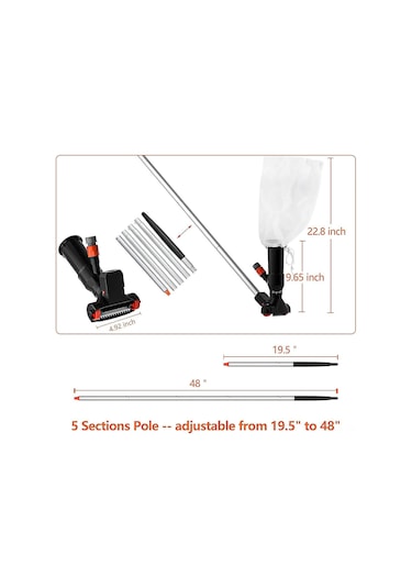 Moveevo Yerüstü Havuz Temizleyici, 48 İnç Alüminyum Çubuk 5 Bölüm , Fırça, Özel Kilitli Tasarım Ve Ağızlı Torba İle Kolay Havuz Temizliği