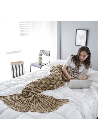 Sones Denizkızı Kuyruğu Örgü Battaniye Balık Kuyruğu Battaniye, Boyut: 60x140cm Kakao