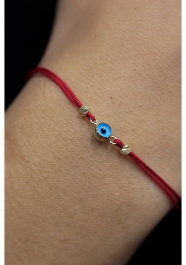 14 Ayar Altın Nazar Boncuklu Dorika Toplu İpli Bileklik Sarı Altın