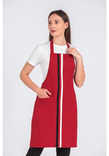 Kadın Boyundan Asmalı Çizgili Barista Şef Mutfak Önlüğü 60x85 Cm Kırmızı