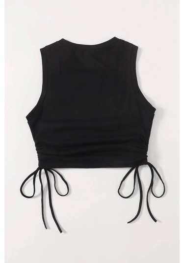 Merry See Yanları Büzgülü Kolsuz Bluz Crop Top Atlet Siyah