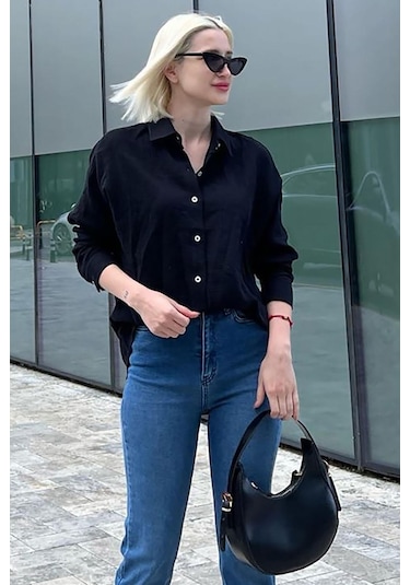 Madmext Siyah Muslin Kumaş Basic Kadın Gömlek Mg1660 Siyah