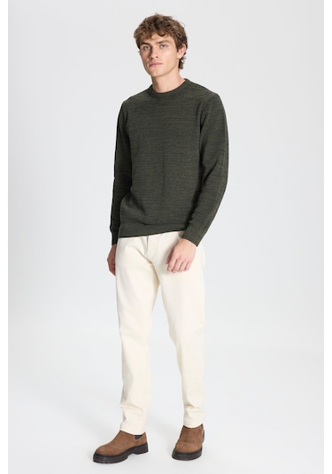 Erkek Hakı-ındıgo 2'li Paket Pamuklu Standart Fit Normal Kesim Bisiklet Yaka Triko Kazak Hakı-ındıgo