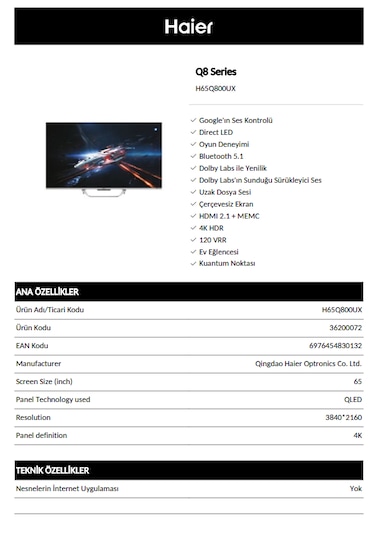 Haier H65Q800UX 4K Ultra HD 65" 165 Uydu Alıcılı Google Smart QLED TV