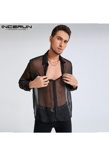 İncerun Erkek File Transparan Uzun Kollu Transparan Parti Gömlekleri Siyah