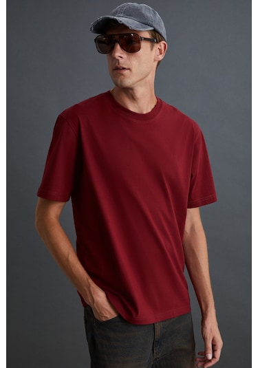 Solo Erkek %100 Organik Pamuklu Kalın Dokulu Comfort Fit Bisiklet Yakalı Bordo T-shirt