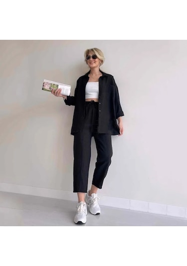 Barbora Keten Günlük İkili Takım Elbise Pantolon Gömlek Ln21siyah5 001