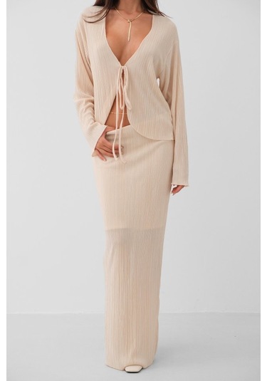 Düşük Bel Maxi Boy Etek Bej