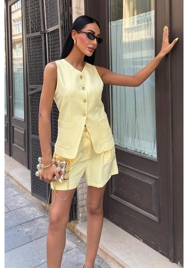 Gold Düğme Detaylı Yelek Şort Cotton Takım 10208 Altın