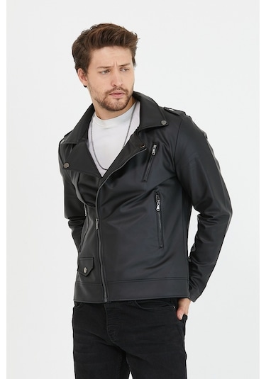 Mero Life Erkek Çapraz Fermuarlı Deri Ceket - Siyah