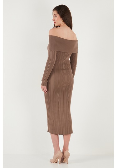 Lela Premium Fitilli Carmen Yaka Slim Fit Midi Boy Triko Bayan Elbise 680El00033 Vizon