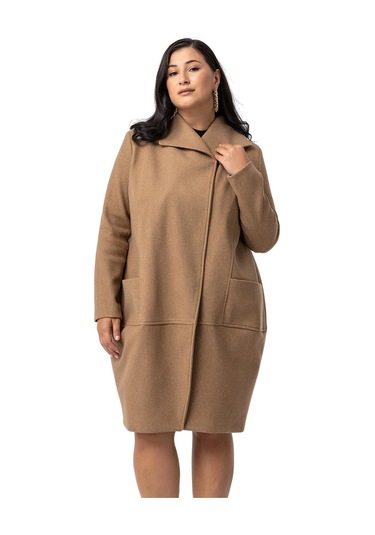 Büyük Beden Torba Cepli Tek Düğmeli Astarlı Vizon Kaşe Kaban-vizon Vizon