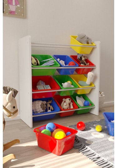 12 Sepetli Çok Amaçlı Oyuncak Dolabı Montessori Dolap Renkli Çok Renkli
