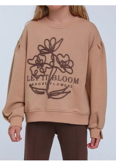 Kız Çocuk Çiçek Nakışlı Sweatshirt-14248 Kahverengi