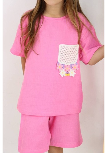 Örme Nakışlı Müslin Şort Takım Pembe