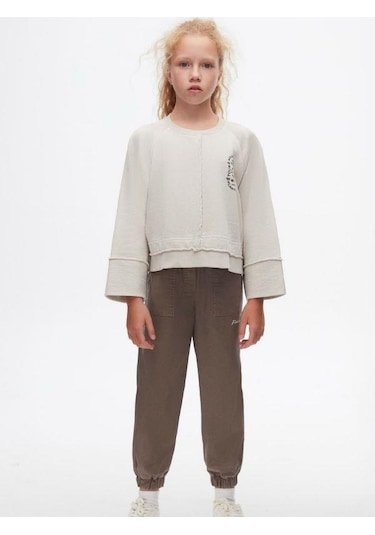 Kız Çocuk Pamuklu İki İplik Salaş Sweatshirt-14719 Gri