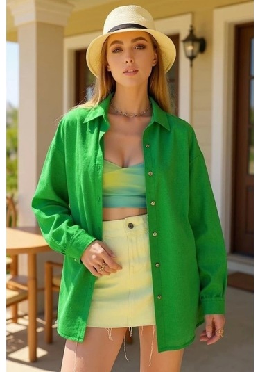 Kadın Uzun Kollu Oversize Gömlek Yeşil