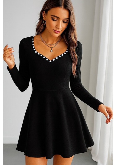 Kadın Uzun Kollu Inci Yakalı Kısa Ithal Krep Elbise Siyah