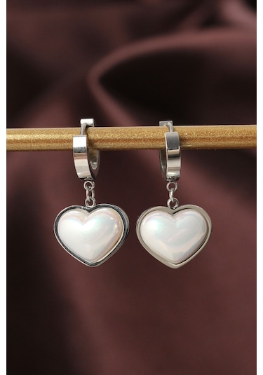 Zarif Kadın İçin Silver Çelik Beyaz Bombeli Kalp Küpe Gri