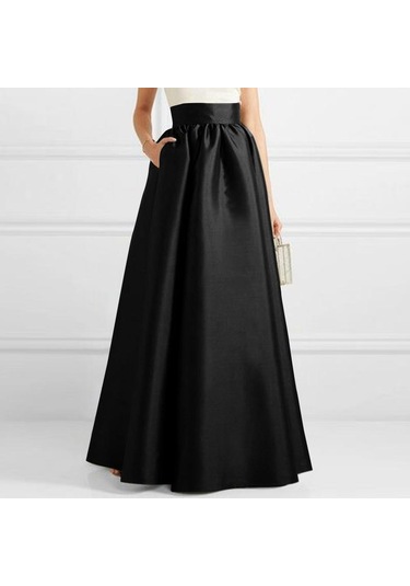 Zanzea Kadın Moda Yüksek Bel A-line Saten Etekler Düz Renk Parti Uzun Etekler Siyah