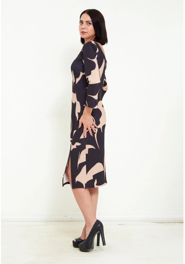 Modatalika Kadın Desenli Yakada Taş Detayı Truvakar Kollu Şık Midi Boy Elbise BEJ Bej