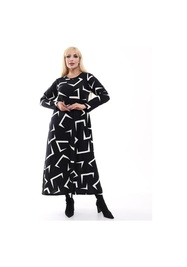 Kadın Büyük Beden Yumuşak Dokulu Siyah Geometrik Desen Elbise Siyah - Beyaz Geometrik