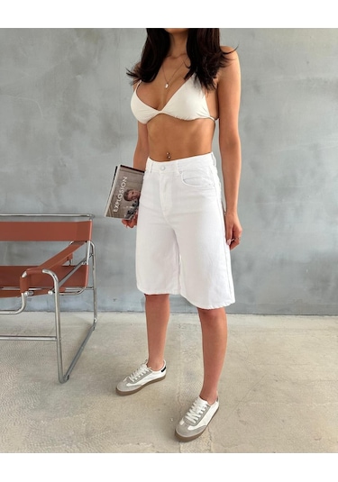 White Denim Bermuda Şort Beyaz