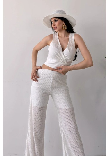 Kruvaze Yaka Crop Bluz Ve File Detaylı Pantolon Triko İkili Alt Üst Takım Beyaz Beyaz