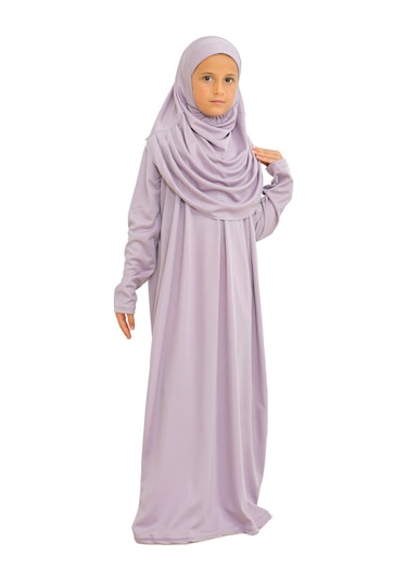 İki Parça Çocuk Elbisesi Seti Eşarp İle Takım Lila