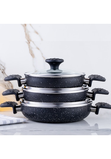 Meşeler Granit Omlet Sahan Seti Siyah 18x20x22 CM