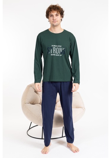 Erkek Penye Pamuk Regular Kalıp Sıfır Yaka Kaliteli Pijama Takımı A803123 Yeşil