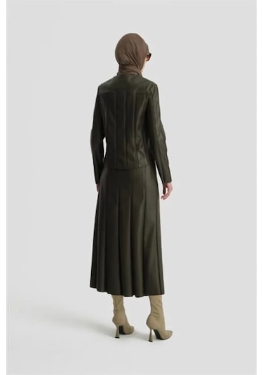 Armine Trok Biyeli Deri Ceket 24k5716 Haki Haki