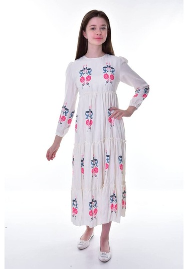 Kız Çocuk Pamuklu Keten Uzun Boydan Astarlı Elbise Kırmızı-krem