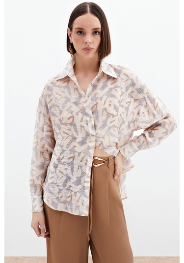 Desenli Viskon Gömlek - Gri-136024 Gri