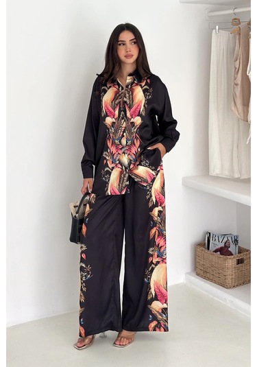 Saten Kumaş Desenli Takım Siyah Siyah