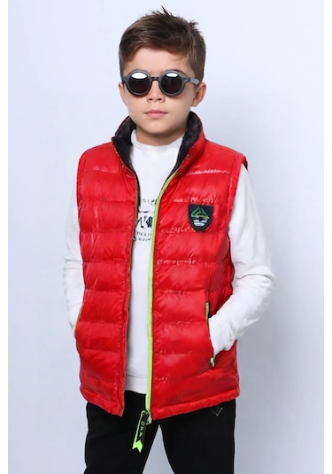 Erkek Çocuk Şişme Yelek Düz Renk Fermuar Cepli E16 Hcm00324 Kırmızı