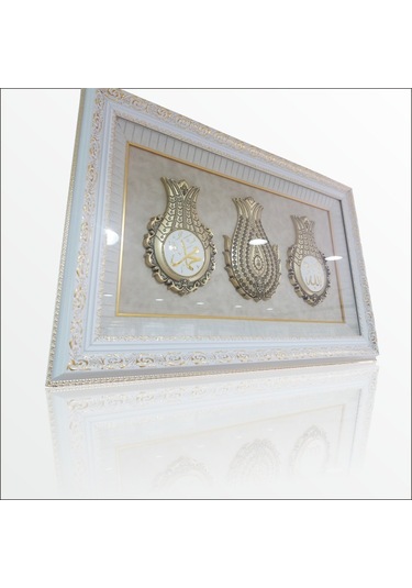 61x97 CM Esmalı Kristal Taşlı Oyma Çerçeveli Üçlü Lale Tablo Pano