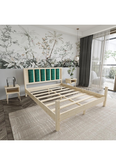 Orion Model Zümrüt Yeşili Puflu Başlıklı Doğal Çam Ahşap Karyola Ve İki Komodin Set-234 120 x 200