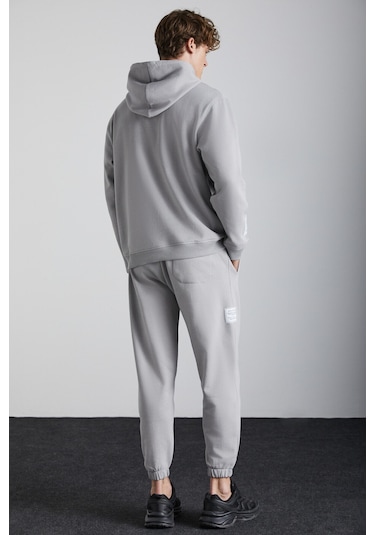 Ashbourne Erkek Oversize Kanguru Cepli Kol Etiket Detaylı Organik Pamuk Gri Eşofman Takımı