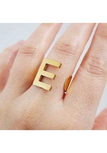 Çelik Gold Düz Kesim Harf Yüzük -e Harfi- Ayarlı Ölçü-1892