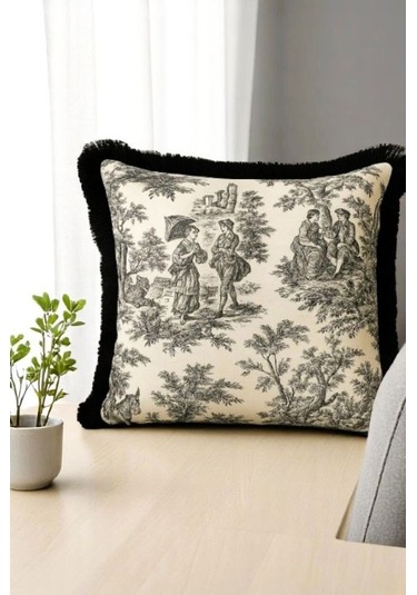 Siyah Püsküllü Fransız Köylüler Baskılı Keten Kırlent Kılıfı Çok Renkli