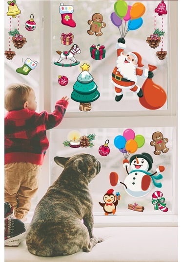 Balonla Uçan Noel Baba Ve Kardan Adam Yılbaşı Süsleri Pencere Duvar Sticker