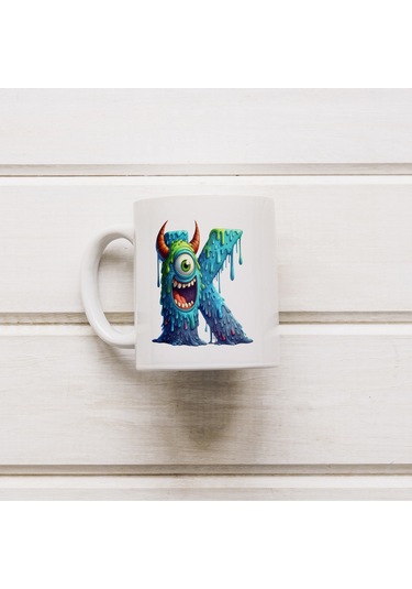 K Harfi Bardak, Sevimli Canavarlar Harflı Bardak Hediyesi Porselen Beyaz