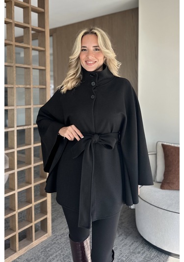 Siyah Düğmeli Kuşaklı Kaşe Panço - 2055 Siyah