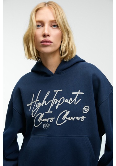 KIKRES Kadın Kapüşonlu Nakış Detaylı Oversize Lacivert Sweatshirt