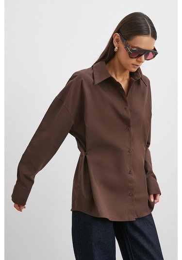 Düğme Detaylı Pamuklu Gömlek Kahve Kahve