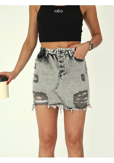 Zeo Basic Ön Düğme Detaylı Beli Lastikli Denim Etek Gri